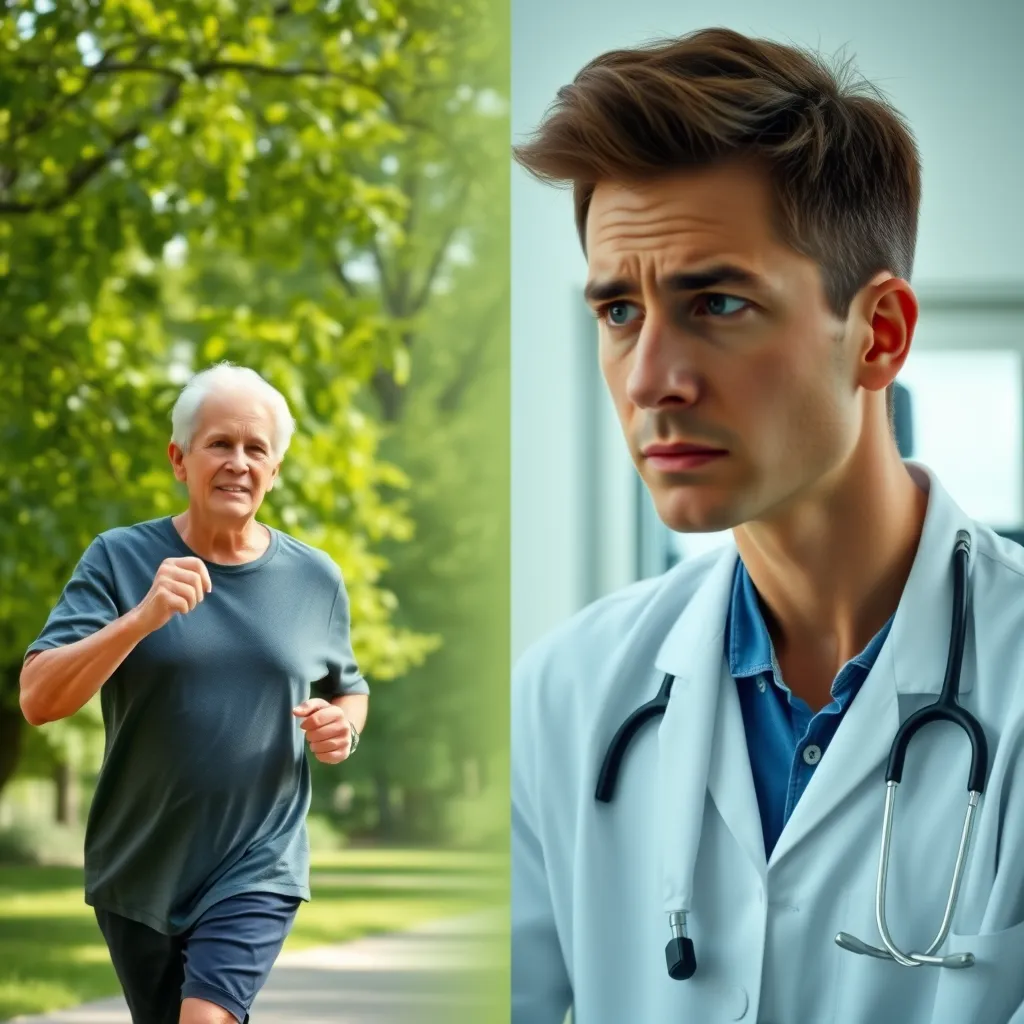 A person, aged and healthy, is shown exercising in a park, surrounded by lush greenery. The person is vibrant and energetic, showcasing a healthy, active lifestyle. In the background, a younger version of the same person is shown in a doctor's office, looking concerned and worried about their health, highlighting the importance of taking proactive measures to avoid long-term health issues.