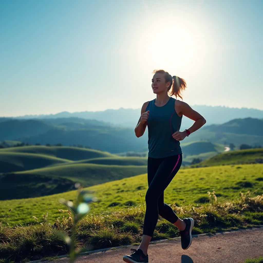 A person, dressed in workout clothes, is jogging in a scenic park. The sun is shining brightly, and the person looks healthy and energetic. In the background, a lush green meadow with rolling hills and a clear blue sky.