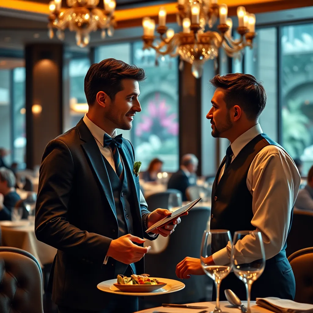A person confidently conversing with a waiter in a fancy restaurant. The person is explaining their carnivore diet and asking for suitable options. The scene should be set in a luxurious restaurant with elegant table settings and a vibrant atmosphere.