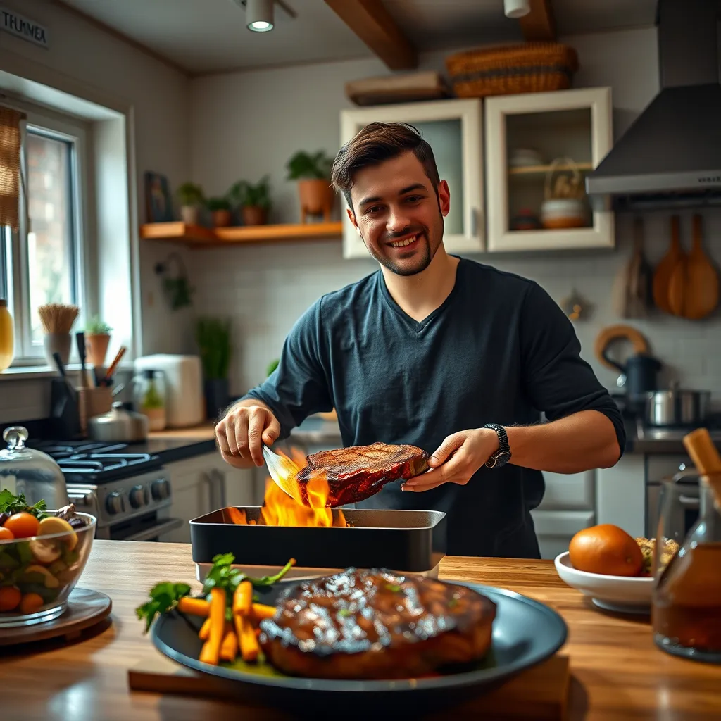 A person confidently cooking a steak in a well-equipped kitchen of a cozy Airbnb, with a bright and inviting ambiance, showcasing a delicious carnivore meal in progress.