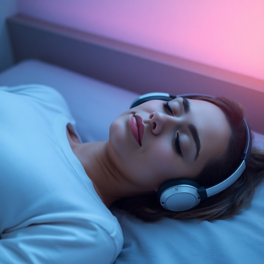 A person drifting off to sleep while listening to affirmations through headphones. The scene is peaceful and serene, with soft lighting and calming colors. The composition focuses on the feeling of relaxation and tranquility.