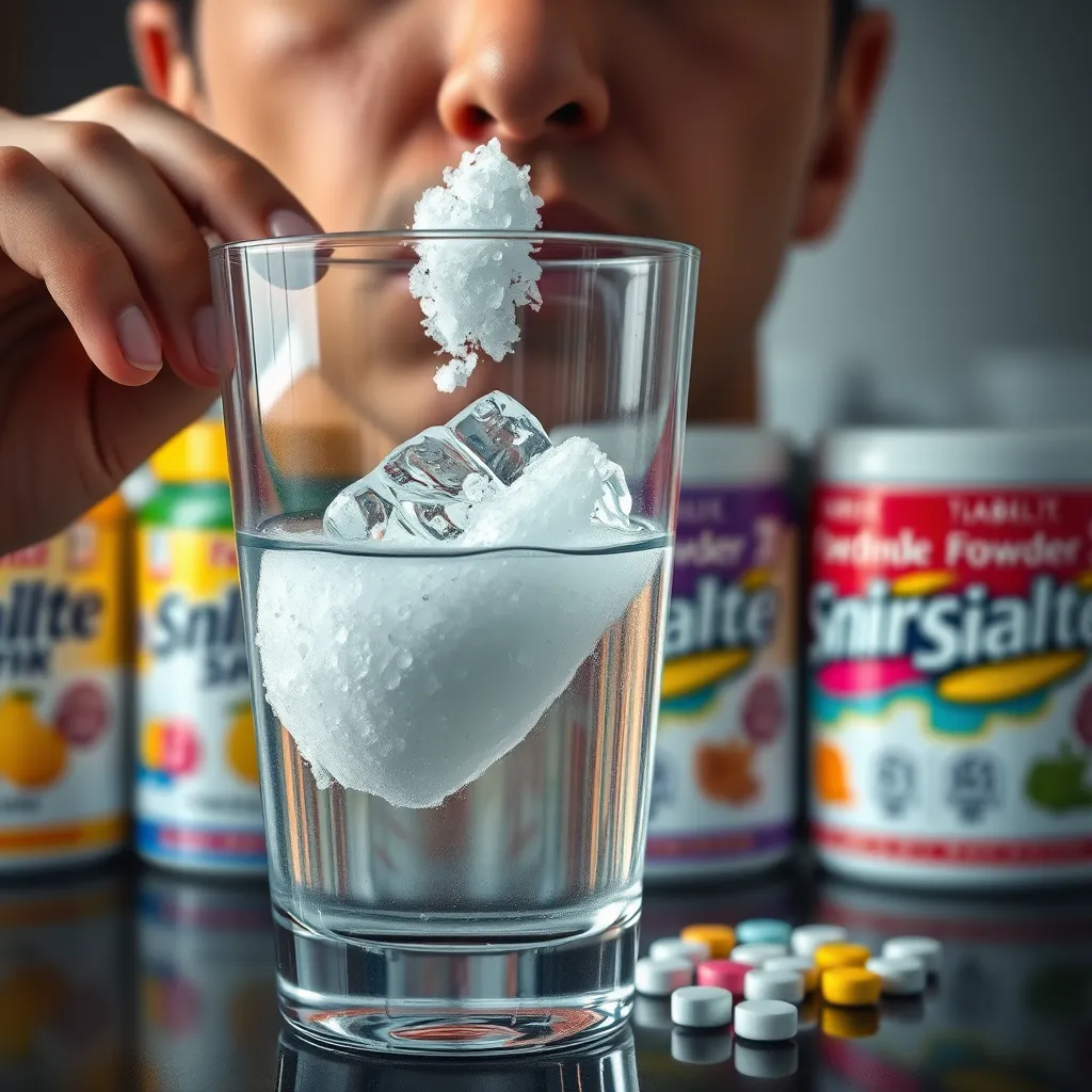 A person drinking from a glass of water with a large, clear crystal of sodium chloride (salt) floating in it. In the background, a colorful display of various electrolyte powders and tablets are visible, representing different brands and flavors.