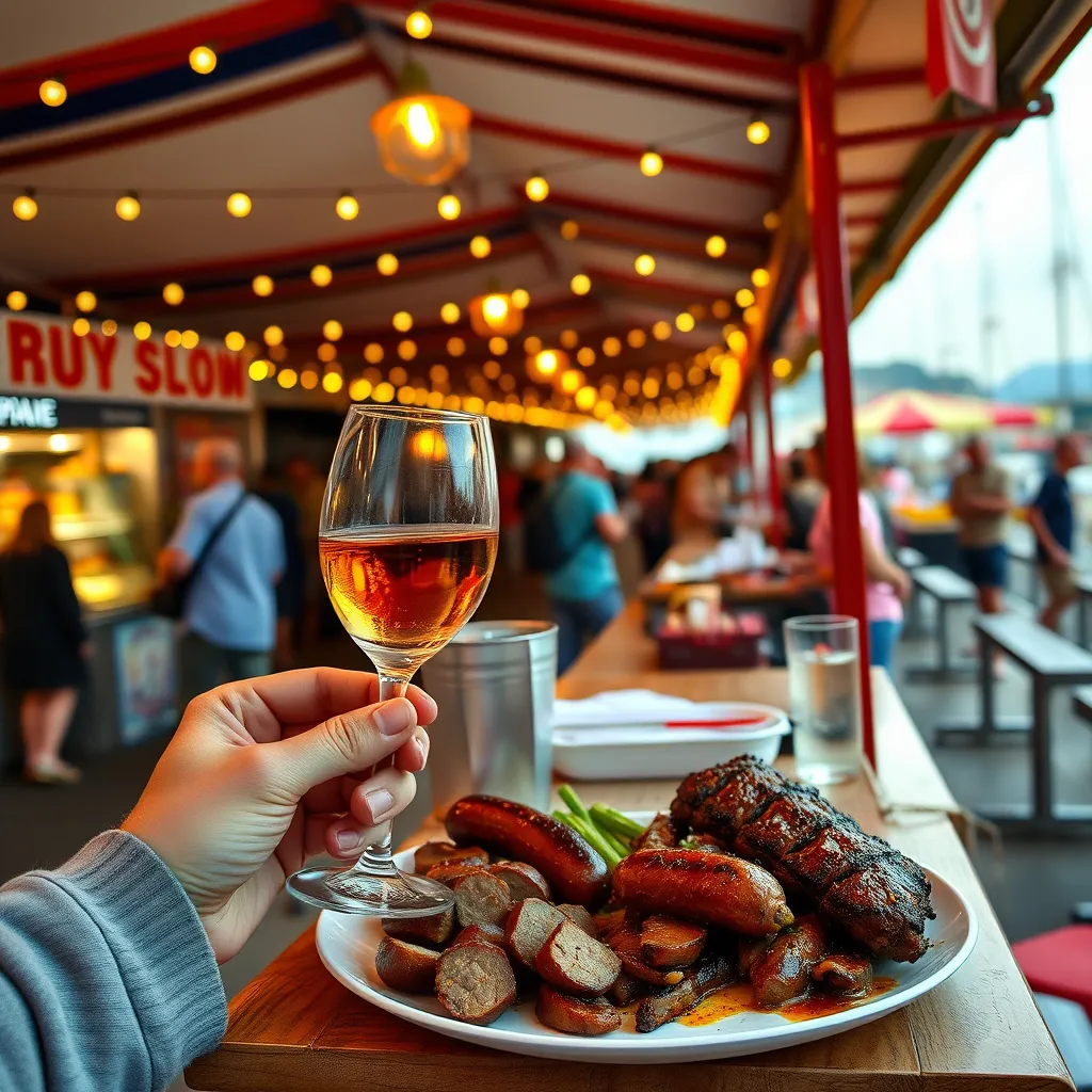 A person enjoying a plate of ribs and sausage at a food stall with a glass of wine in their hand. The background is a vibrant festival scene with people, food stalls, and a waterfront view. The overall atmosphere is festive and enjoyable.