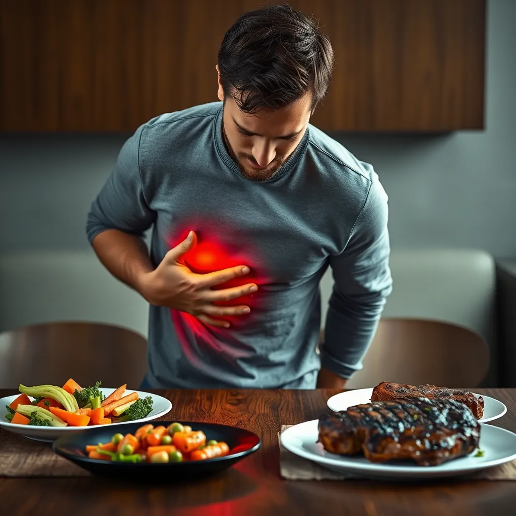 A person experiencing heartburn, holding their stomach and looking distressed, standing in front of a table with a plate of vegetables on one side and a plate of steak on the other, with the person looking more towards the steak side
