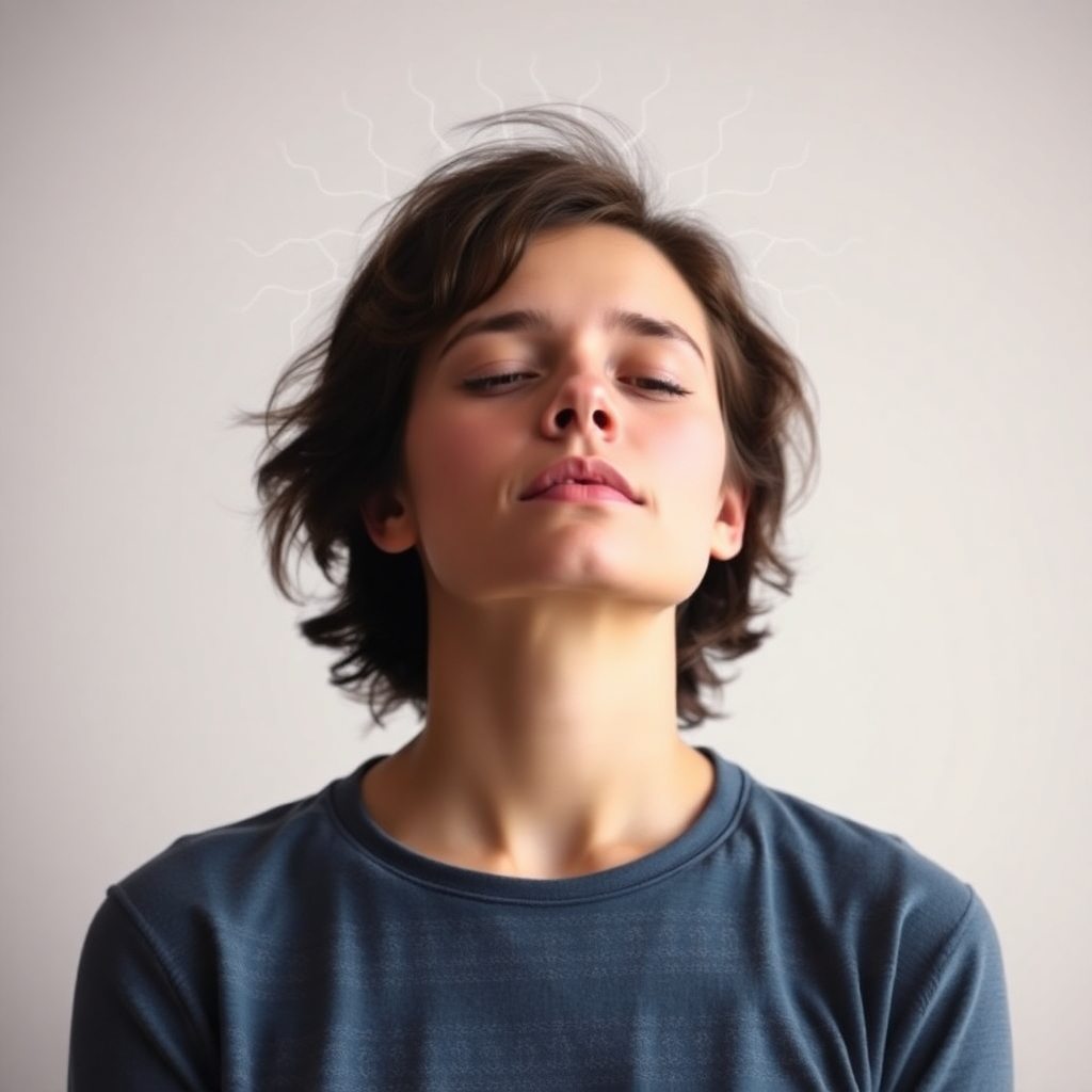 A person experiencing relief and calm after adopting a carnivore-based diet, depicted through relaxed posture and a serene expression. The background subtly shows neurological pathways normalizing and calming down. The color palette is soft and soothing, conveying the potential for reduced anxiety and improved well-being.