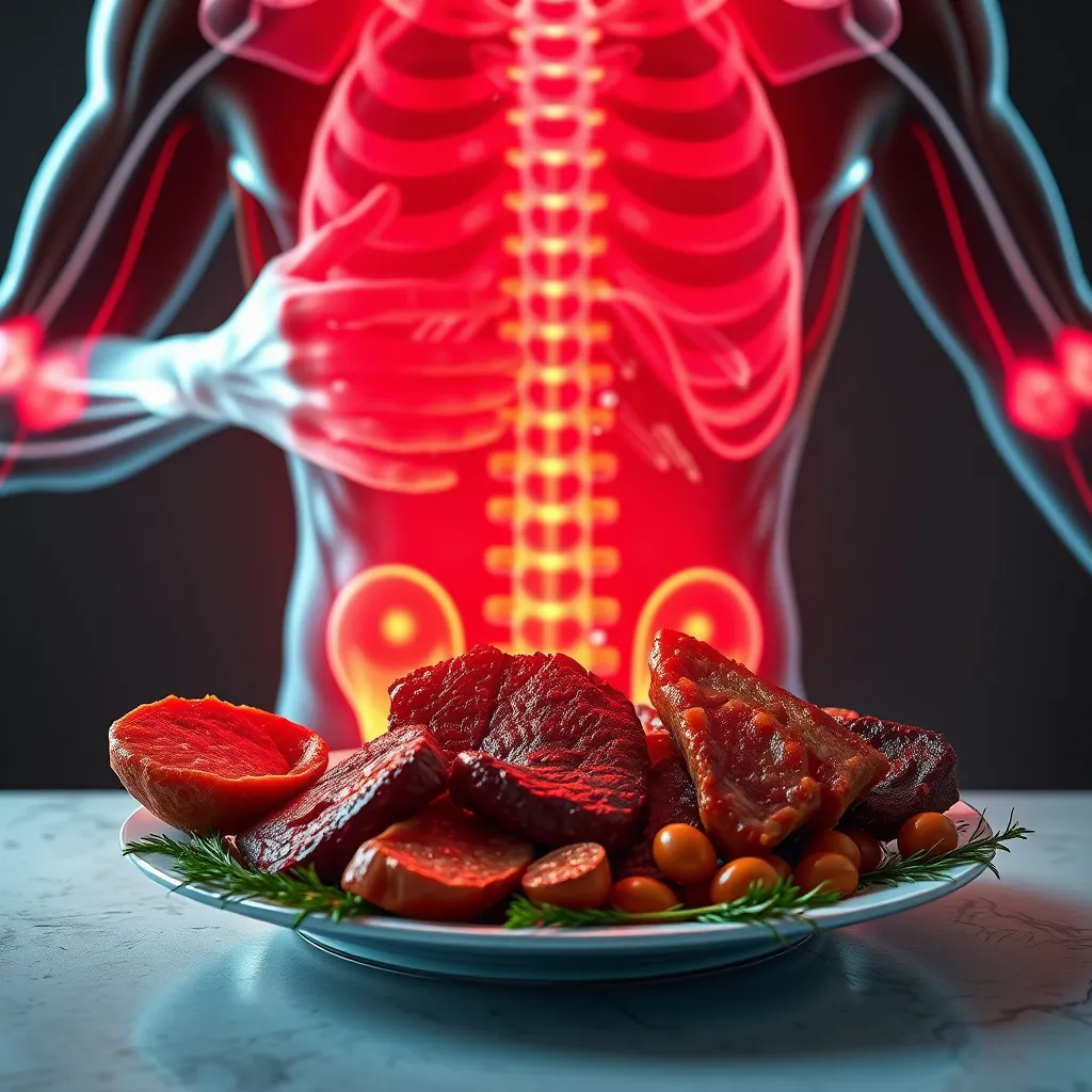 A person experiencing relief from joint pain, represented by a bright, vibrant illustration of a human body with glowing joints. The image should feature a plate of various cuts of meat, highlighting the importance of animal protein in the recovery process.