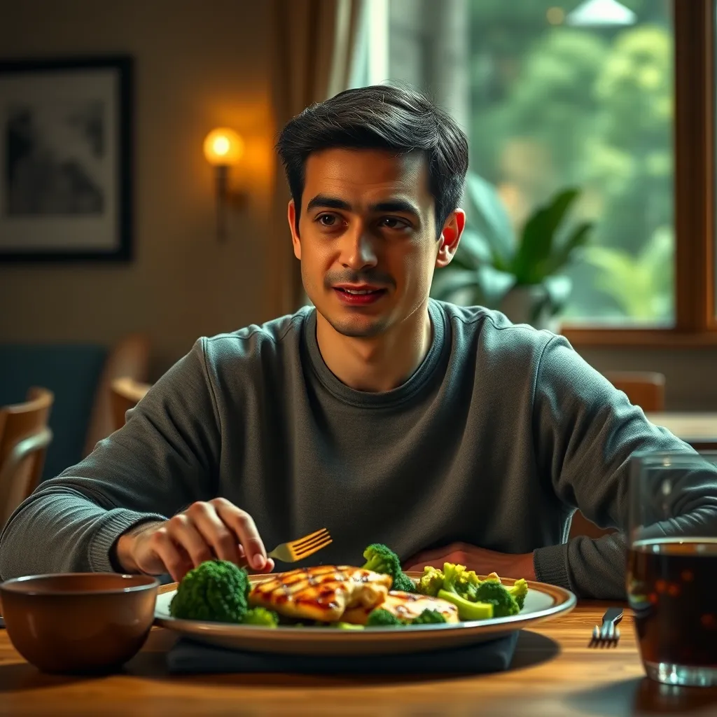 A person feeling a sense of calm and satisfaction after eating a simple meal of grilled chicken and broccoli, with a clear mind and a serene expression, sitting at a dining table in a naturally lit room. The image should convey a sense of balance and control.