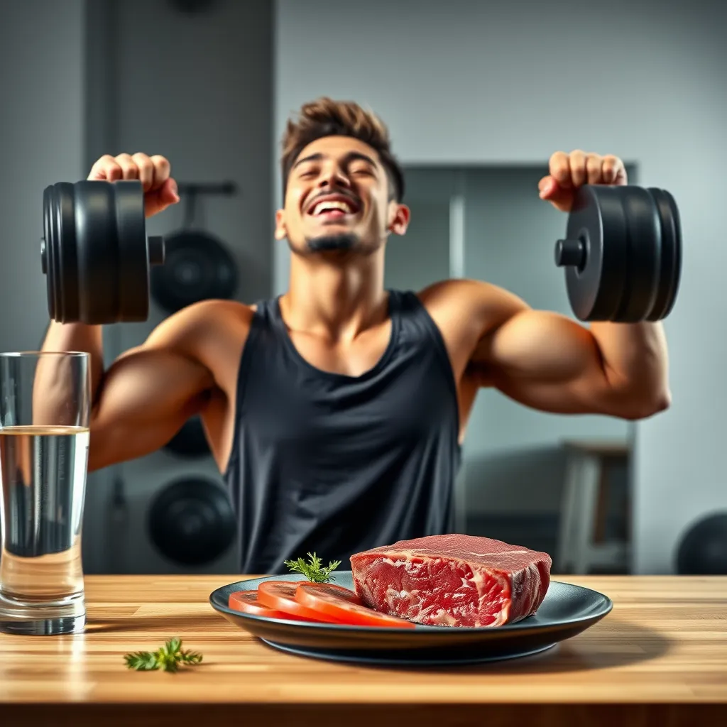 A person feeling energized and focused while working out in a gym, with a background of a minimalist kitchen featuring a plate of raw beef and a glass of water, showcasing the focus on a clean and simple diet.