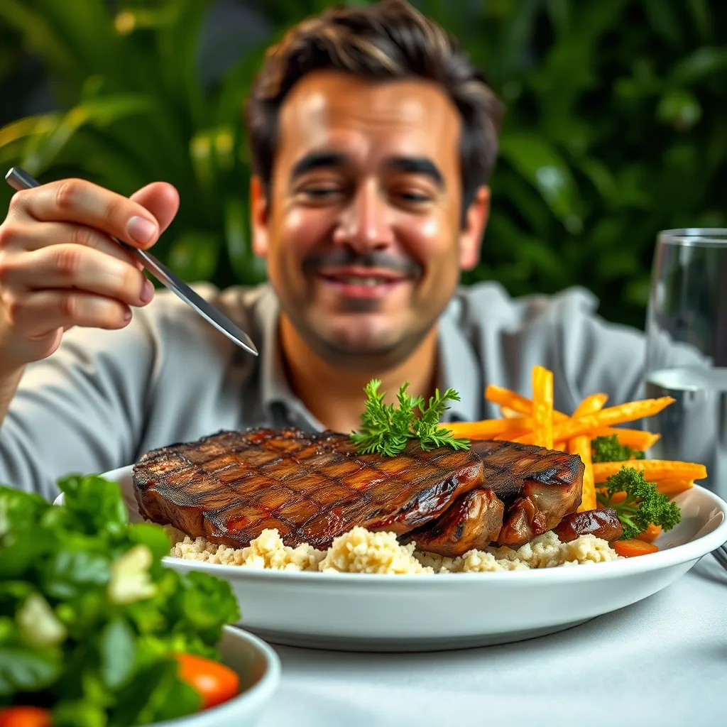 A person feeling full and satisfied after eating a plate of grilled beef, with a background of lush green vegetables and a glass of water. The person should have a relaxed expression and look content.