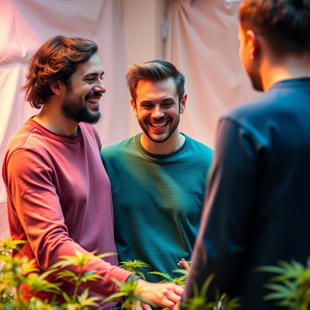 A person happily sharing their cannabis growing experience with others. Show connection and positivity. 4k resolution, warm colors.