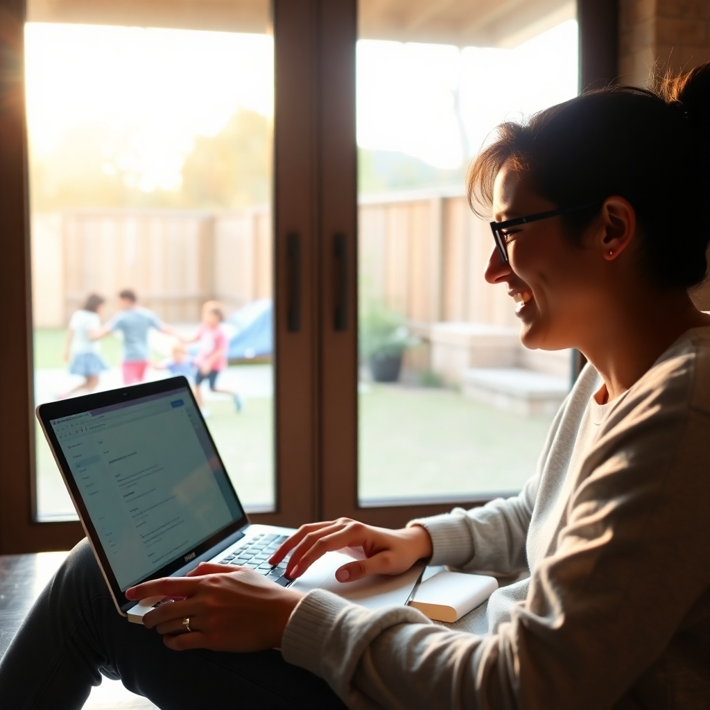 A person happily working on a laptop with a view of their family playing in the backyard through a large window. The scene conveys a sense of integration between work and personal life, showing that it's possible to be productive and engaged while still enjoying quality time with loved ones. The lighting is warm and inviting, creating a sense of harmony.