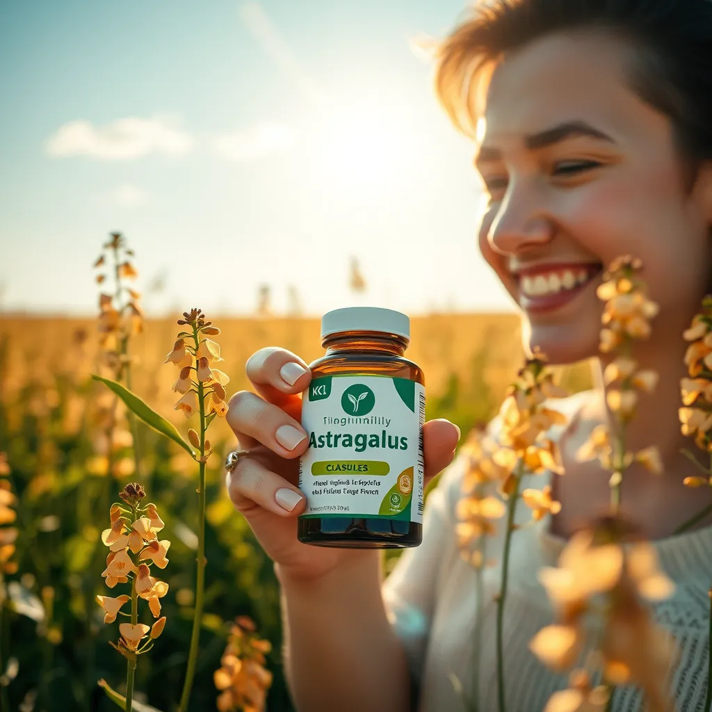 A person holding a bottle of astragalus capsules with a radiant smile on their face, surrounded by blooming astragalus flowers in a field, symbolizing hope, positive expectations, and the feeling of well-being associated with the herb. The background should be a vibrant and optimistic scene with warm, sunny colors.