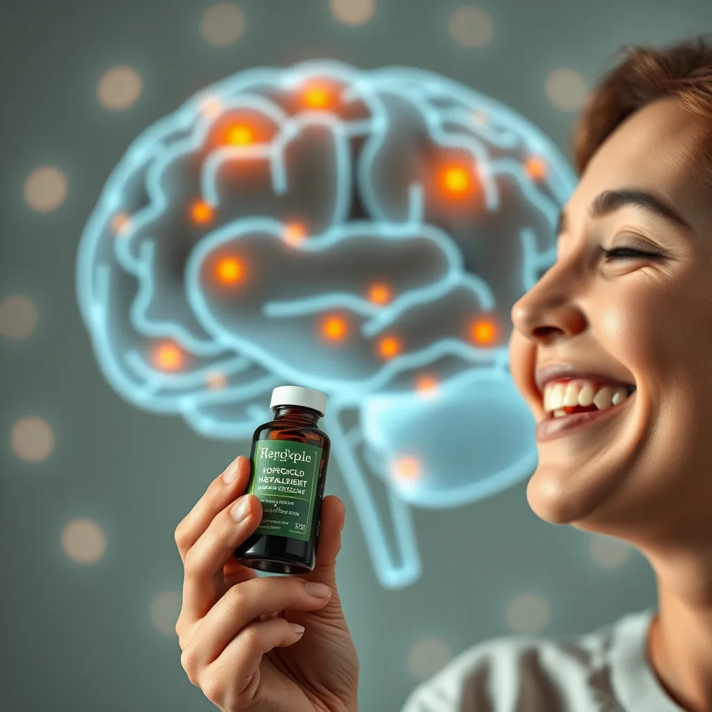 A person holding a bottle of herbal supplement, smiling and feeling relaxed. In the background, a visualization of a brain with glowing areas, indicating a positive emotional state and a sense of well-being. This visual represents the interplay between the placebo effect and psychological comfort.