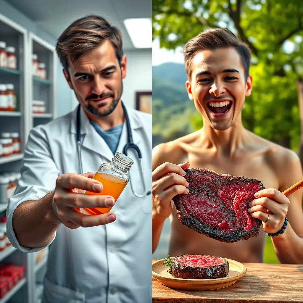 A person holding a bottle of medication, struggling with chronic illness symptoms, is contrasted with someone radiating health and vitality, enjoying a juicy steak. The background should depict a medical clinic on one side, with rows of medicine cabinets, and a serene natural landscape on the other, representing the potential for natural healing through the Carnivore Diet.