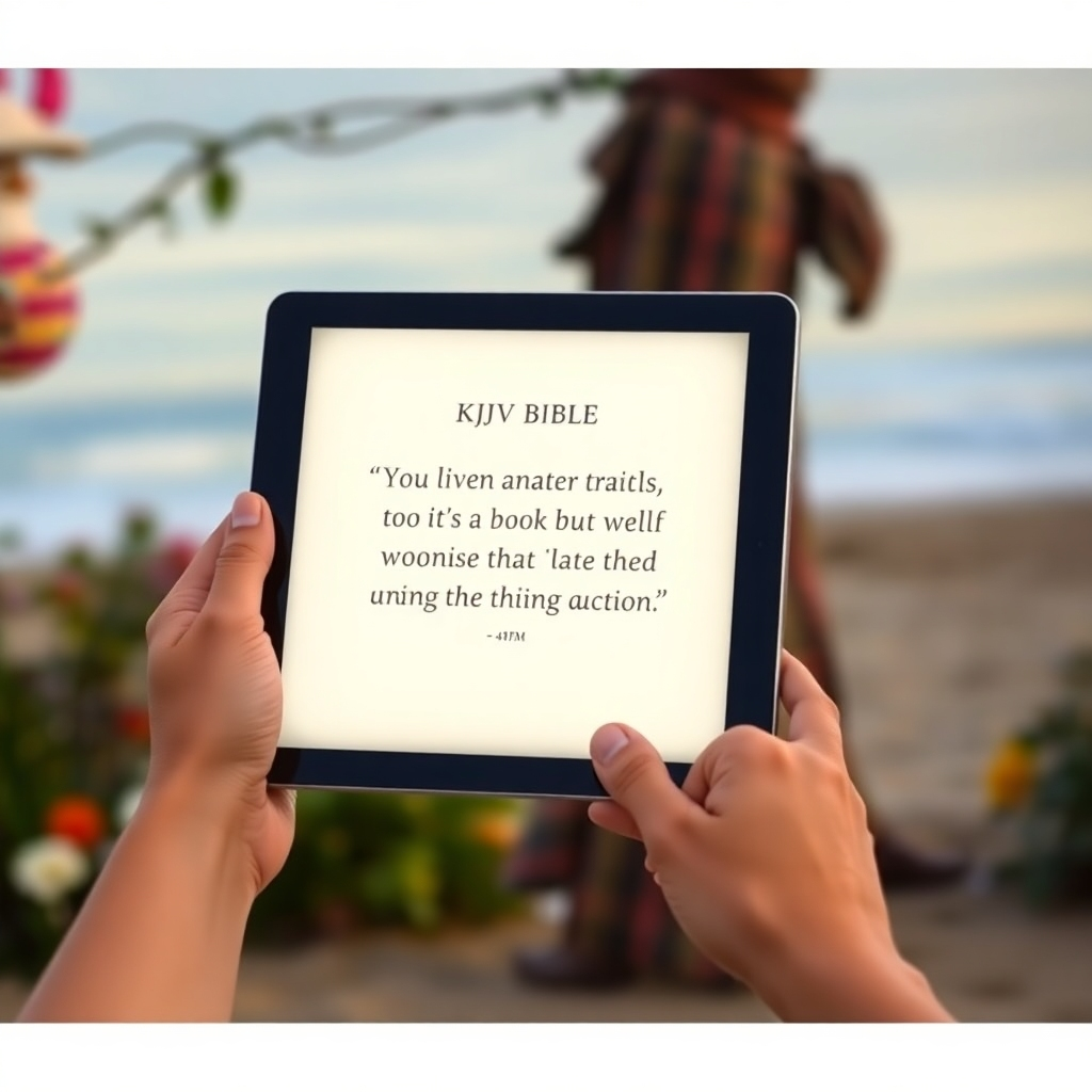 A person holding a glowing tablet displaying a personalized KJV Bible affirmation. The background is a serene and peaceful setting, such as a garden or a beach. The image should convey a sense of hope, inspiration, and personal growth. Photorealistic, with a focus on natural light. 4K resolution.