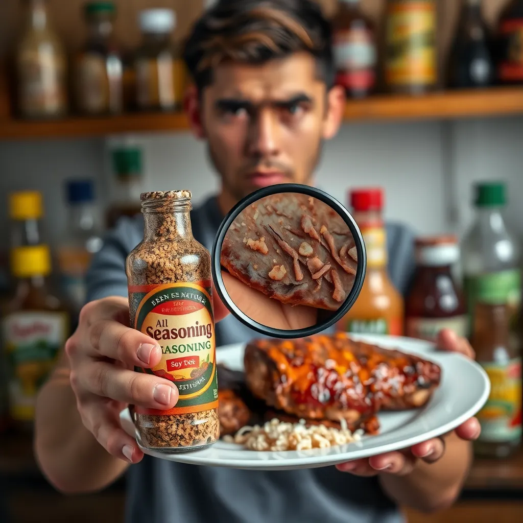 A person holding a plate of cooked meat, looking concerned. In the foreground, a hand points towards a bottle of seasoning labeled 'All Natural,' with a magnifying glass revealing a small, hidden ingredient like soy or corn. The background shows a diverse range of other sauces and condiments.