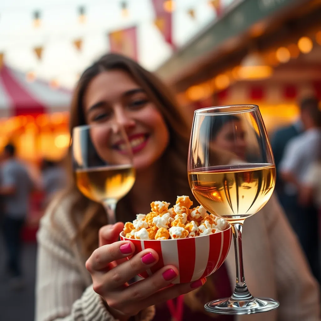 A person holding a small bowl of caramel popcorn and a glass of wine. They are smiling and enjoying the treat while taking in the lively festival atmosphere. The image should convey a sense of mindful indulgence and enjoyment.