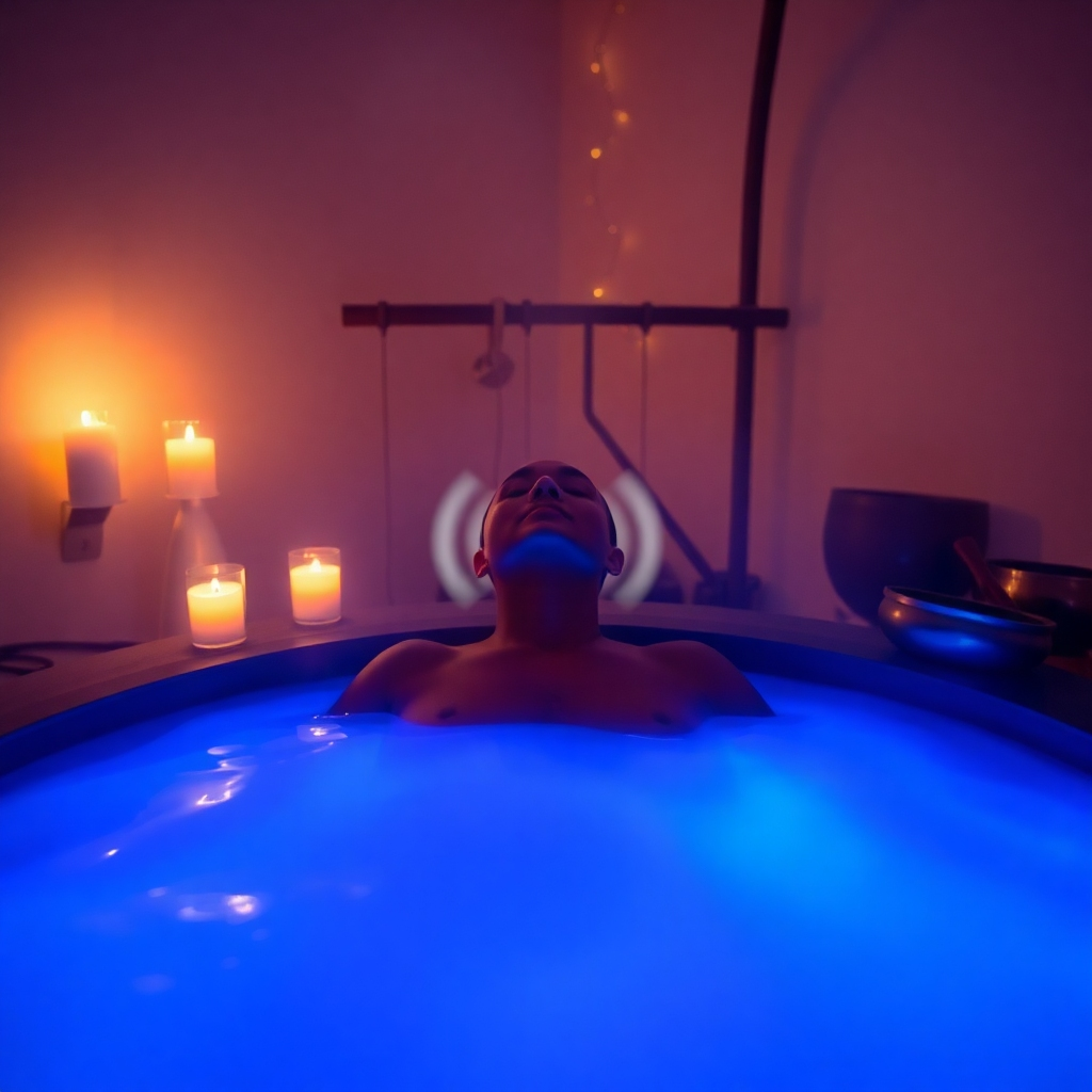 A person immersed in a sound bath, with visible sound waves gently enveloping them. The environment is calming and serene, with subtle lighting that enhances the feeling of relaxation and spiritual connection. Instruments like singing bowls or gongs are visible in the background.