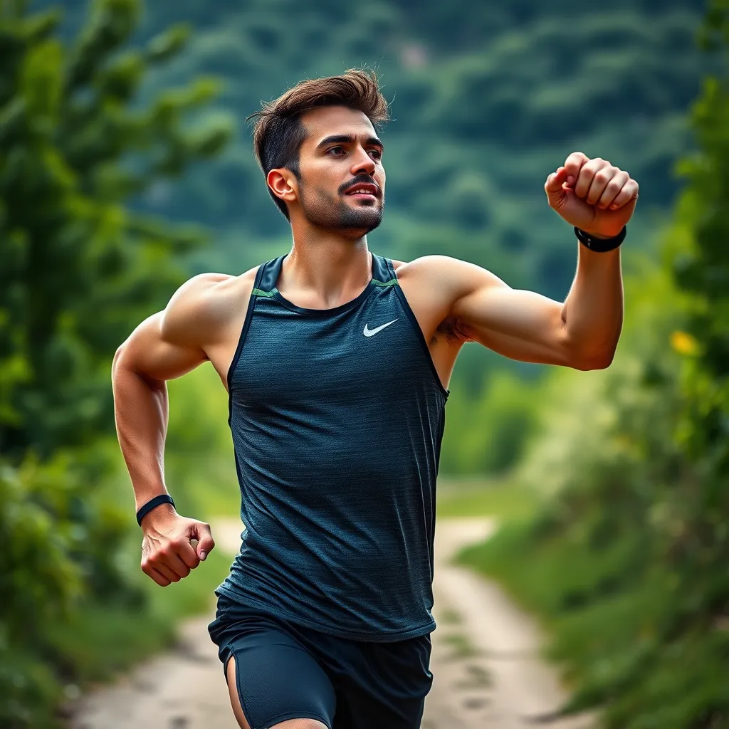 A person in athletic wear is shown engaging in a vigorous workout outdoors. The image should highlight the energy and vitality associated with the carnivore diet. The background should be a scenic trail with lush greenery, symbolizing the positive impact on health and well-being.