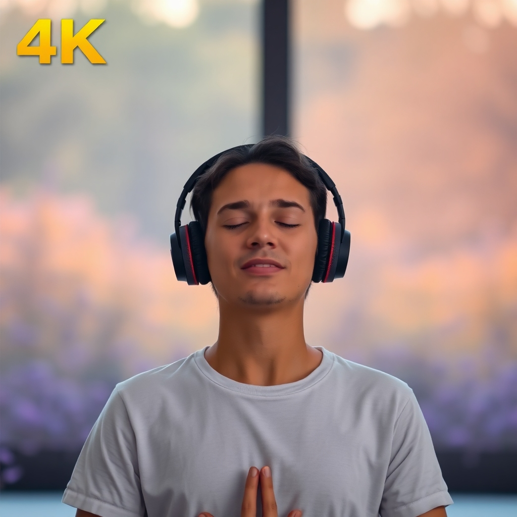 A person is meditating peacefully in a serene setting, listening to guided meditation through headphones. The background is filled with calming colors and nature imagery. Style: Peaceful, mindful, 4K resolution.
