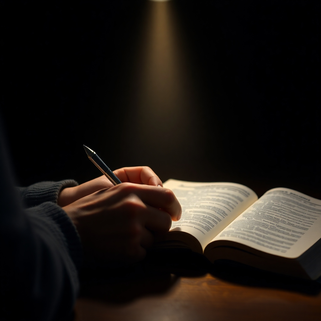 A person is writing in a journal, with a King James Bible open beside them. A beam of light shines down, illuminating the journal and symbolizing divine inspiration. Style: Warm, intimate, 4K resolution.