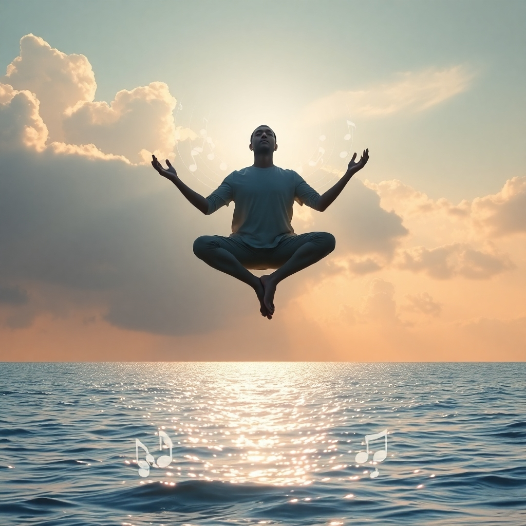 A person levitating in a meditative pose above a shimmering body of water, with sound waves emanating from their aura. The sky is filled with soft, pastel-colored clouds and a gentle, golden light. The image should convey a sense of peace, tranquility, and spiritual elevation. Style: Surreal, but with a focus on realism in the depiction of the person and the environment. 4K resolution.
