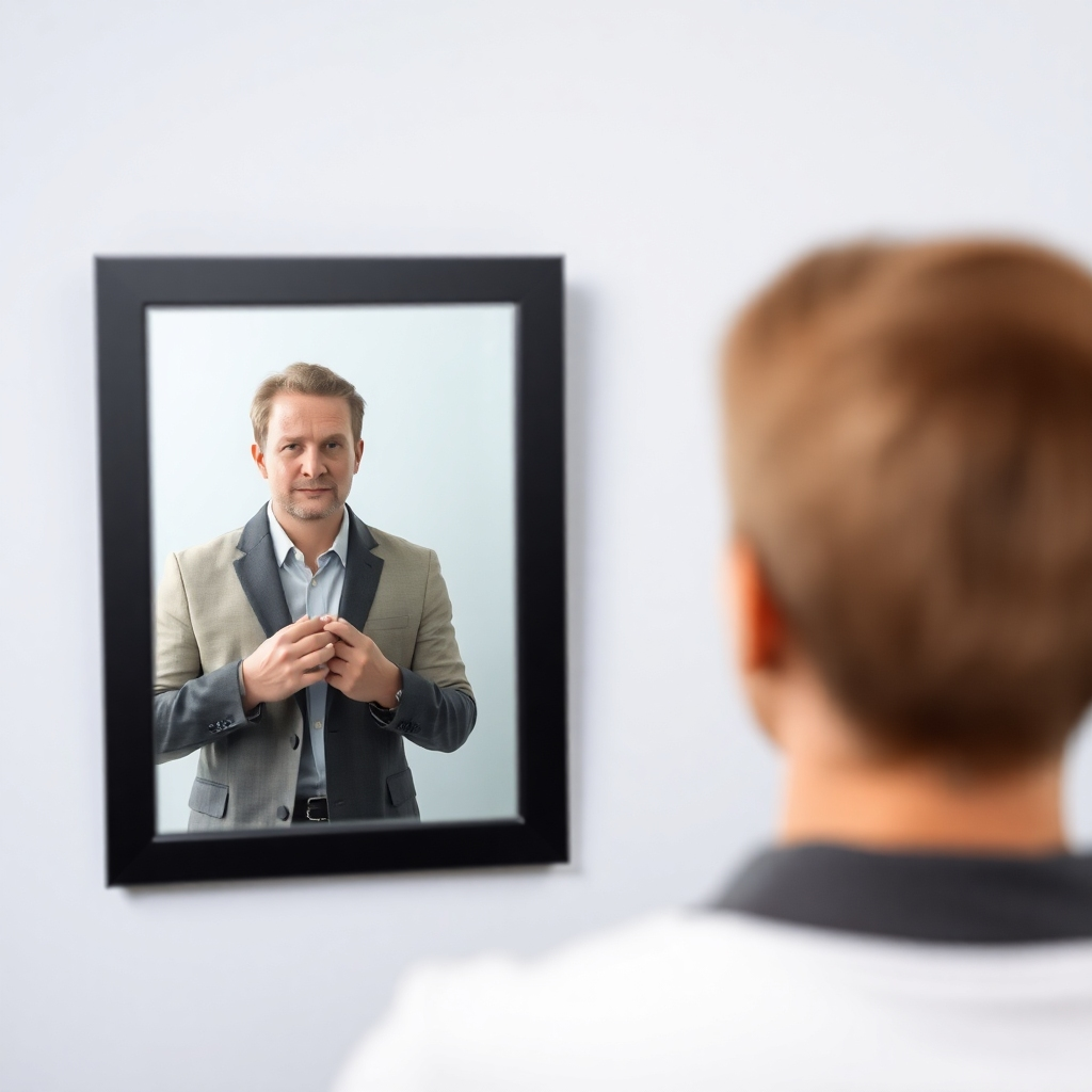 A person looking at a mirror, seeing their ideal self reflected back. The reflection is confident and successful. The style is aspirational and empowering.