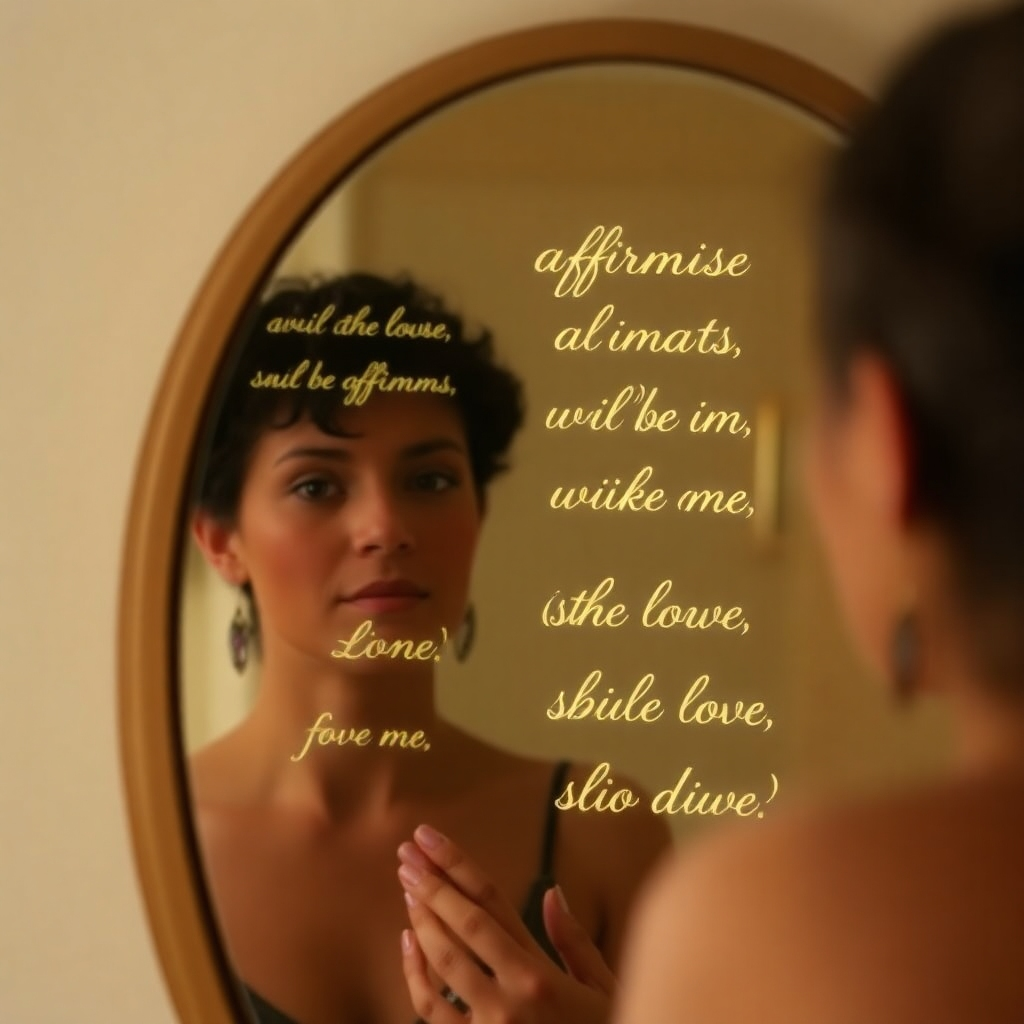 A person looking in a mirror with positive affirmations subtly reflected on the glass, overlaid on their reflection. The affirmations are written in elegant calligraphy and glow with a soft, internal light. The scene is warm and inviting, conveying a sense of self-love and empowerment.