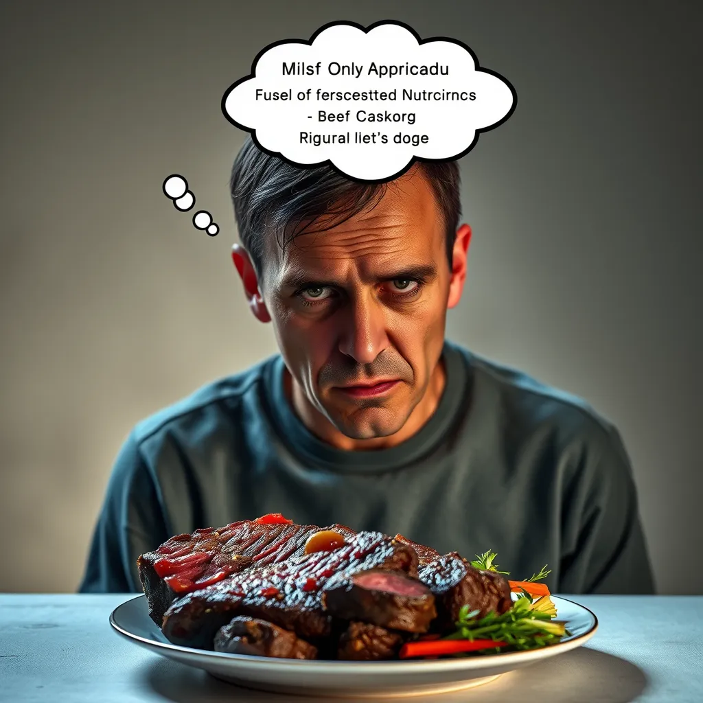 A person looking pale and tired, with a plate of beef in front of them, and a thought bubble above their head containing a list of essential nutrients missing from the diet. The image should emphasize the potential for nutritional imbalances with the beef-only approach.