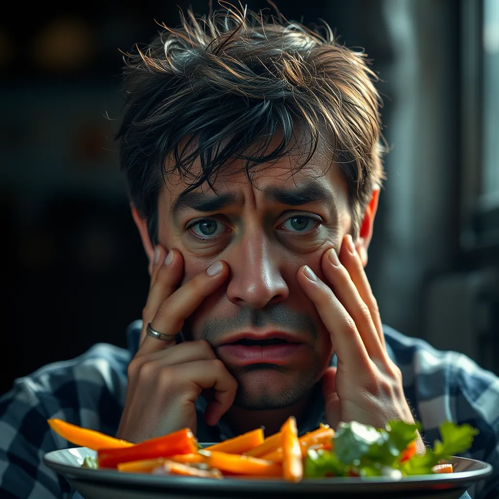 A person looking stressed and overwhelmed, trying to eat only beef for all meals. The image should depict the challenges and difficulties associated with maintaining a beef-only diet, suggesting its limited practicality for long-term adherence.