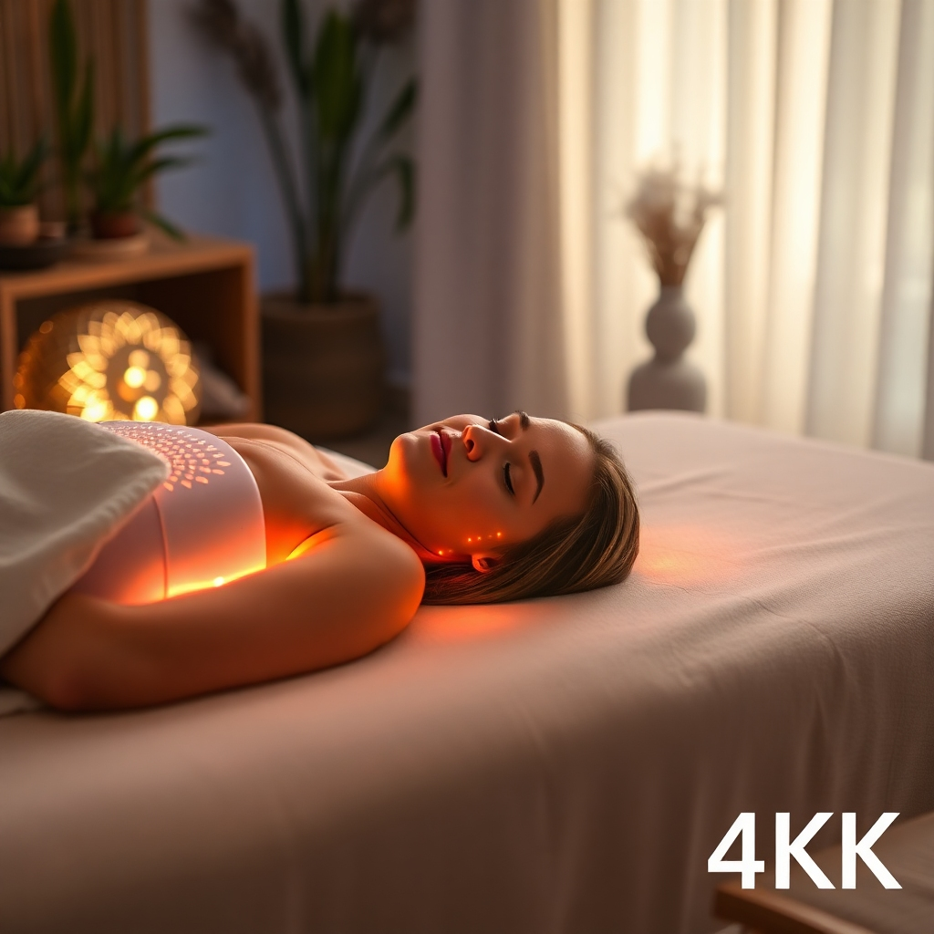 A person lying comfortably on a massage table, bathed in the soft glow of a frequency therapy device. Subtle light patterns emanate from the device, creating a calming and therapeutic atmosphere. The room is decorated in soft, neutral tones with natural elements like plants and wood. Capture in 4K resolution with soft lighting and a focus on the person's relaxed expression.