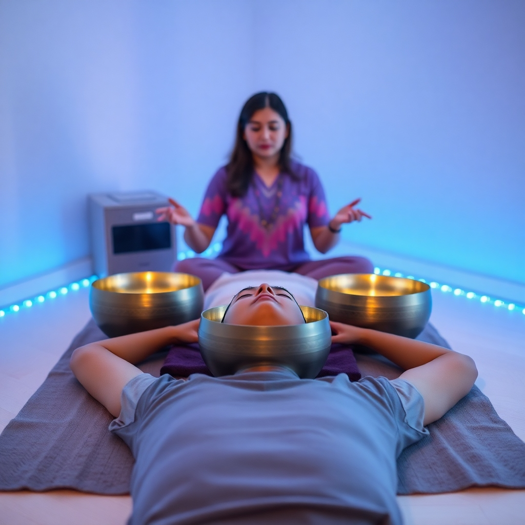 A person lying comfortably while a sound therapist plays crystal singing bowls around them. The room is softly lit, creating a peaceful atmosphere. Visible sound waves radiate from the bowls. Color palette: calming blues, purples, and greens. Style: serene, therapeutic. Technical specs: 4K, high quality.