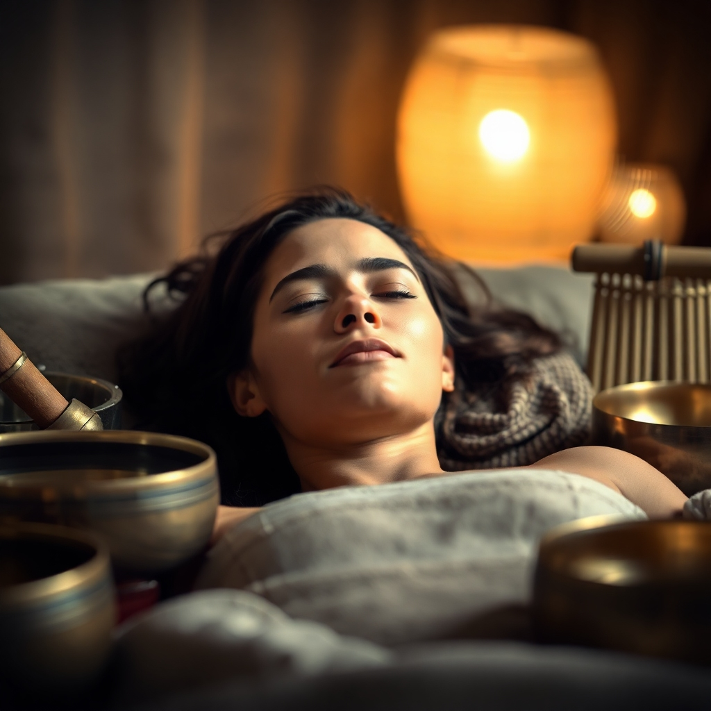 A person lying down comfortably in a dimly lit room. Various sound healing instruments surround them, including singing bowls, gongs, and chimes. Soft, diffused light illuminates the instruments. The person's face is relaxed and peaceful. The background is blurred, creating a sense of intimacy and tranquility. The style should be photorealistic, capturing the tactile quality of the instruments and the person's skin. The color palette should be warm and inviting, conveying a sense of comfort and safety. This image should evoke feelings of relaxation, healing, and rejuvenation. Consider adding sound wave effects emanating from the instruments to highlight this