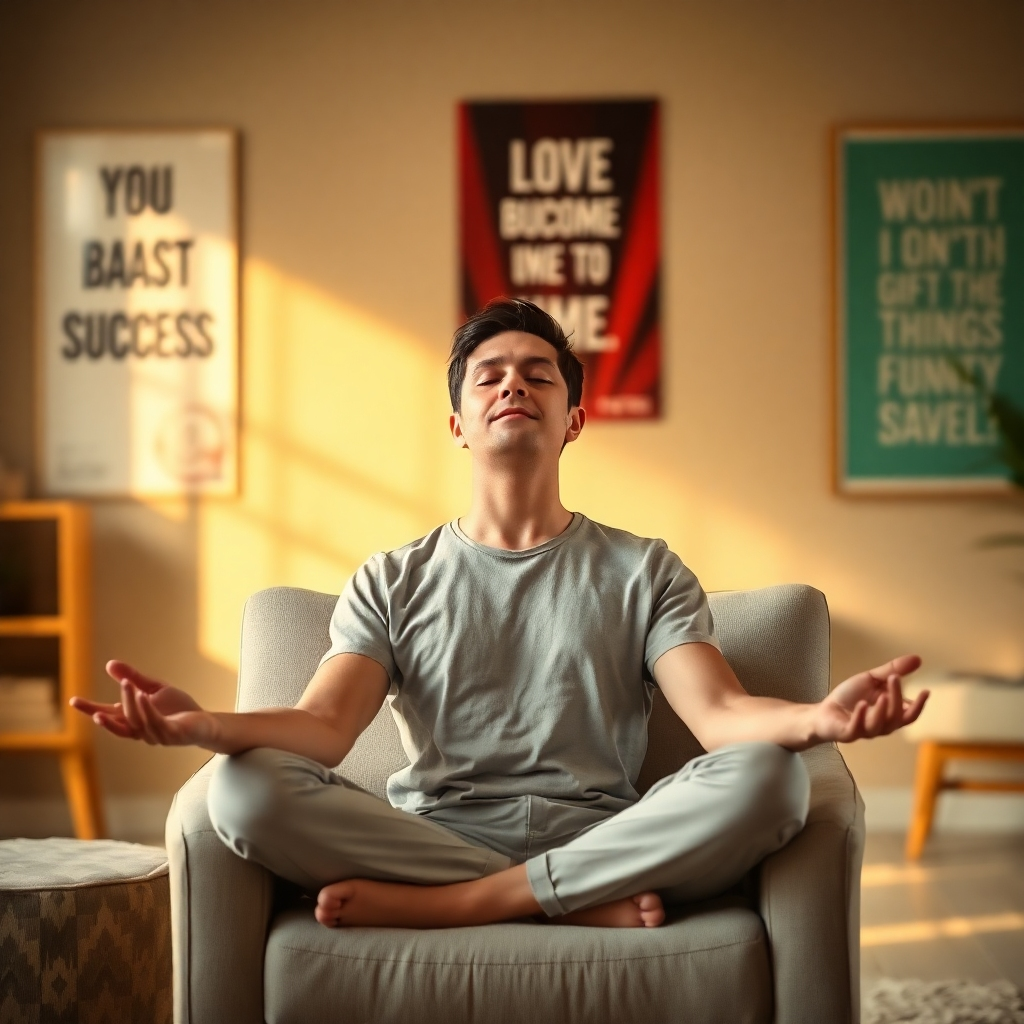 A person meditating in a comfortable chair, visualizing success. The scene is bathed in soft, golden light. The background is blurred and features motivational posters. The style is peaceful and serene, with a focus on inner strength.