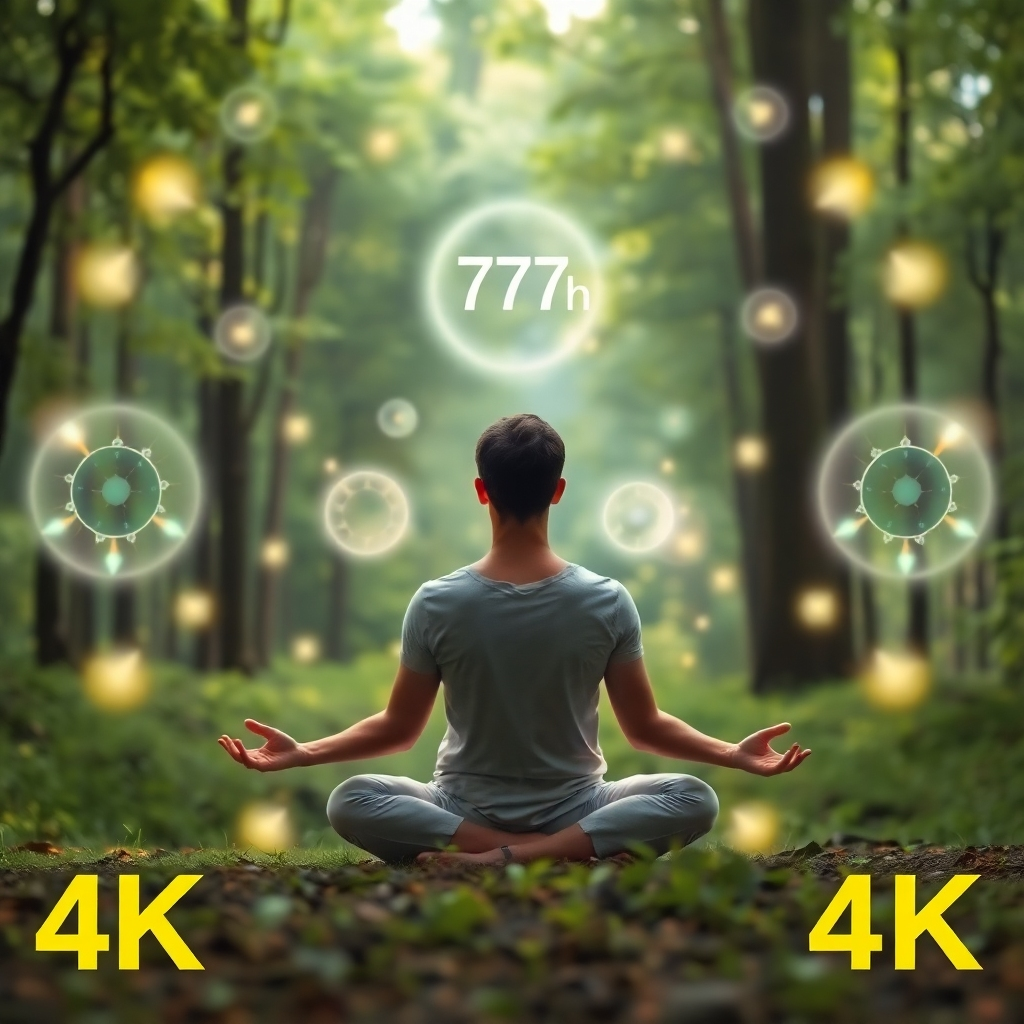A person meditating in a serene natural setting, surrounded by glowing orbs of light representing the 777Hz frequency. The background is a lush forest, creating a sense of tranquility and connection with nature. The image conveys peace and inner harmony. 4K resolution, high quality.