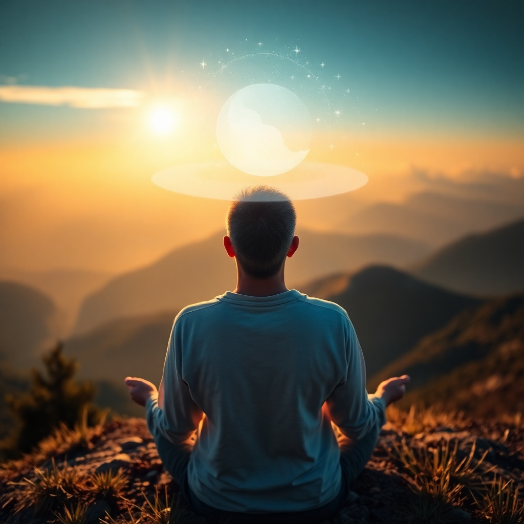 A person meditating in a serene natural environment (e.g., a mountaintop). Above their head, a visualization of their desired outcome (e.g., a successful business, a loving relationship) manifests as a shimmering holographic projection. The projection blends seamlessly with the natural surroundings. Lighting is warm and golden, creating a sense of peace and harmony. Color palette is vibrant and natural. Camera angle: wide shot, capturing the person, the projection, and the environment. Style references: a blend of realism and fantasy. Technical Specs: 4K, depth of field.