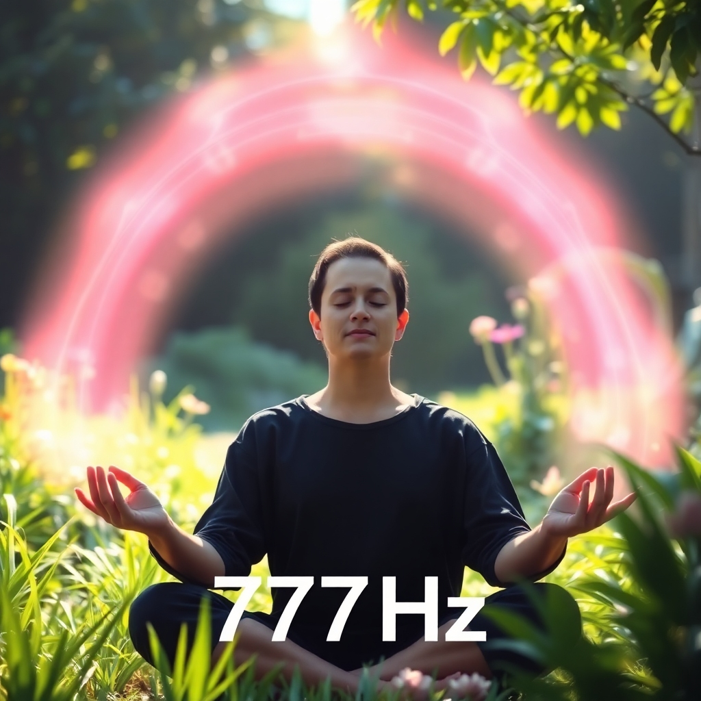 A person meditating in a serene garden, surrounded by glowing, pastel-colored sound waves representing 777Hz. The person is bathed in soft light, and their face reflects inner peace. Style: Impressionistic, focusing on light and color. 4K resolution.