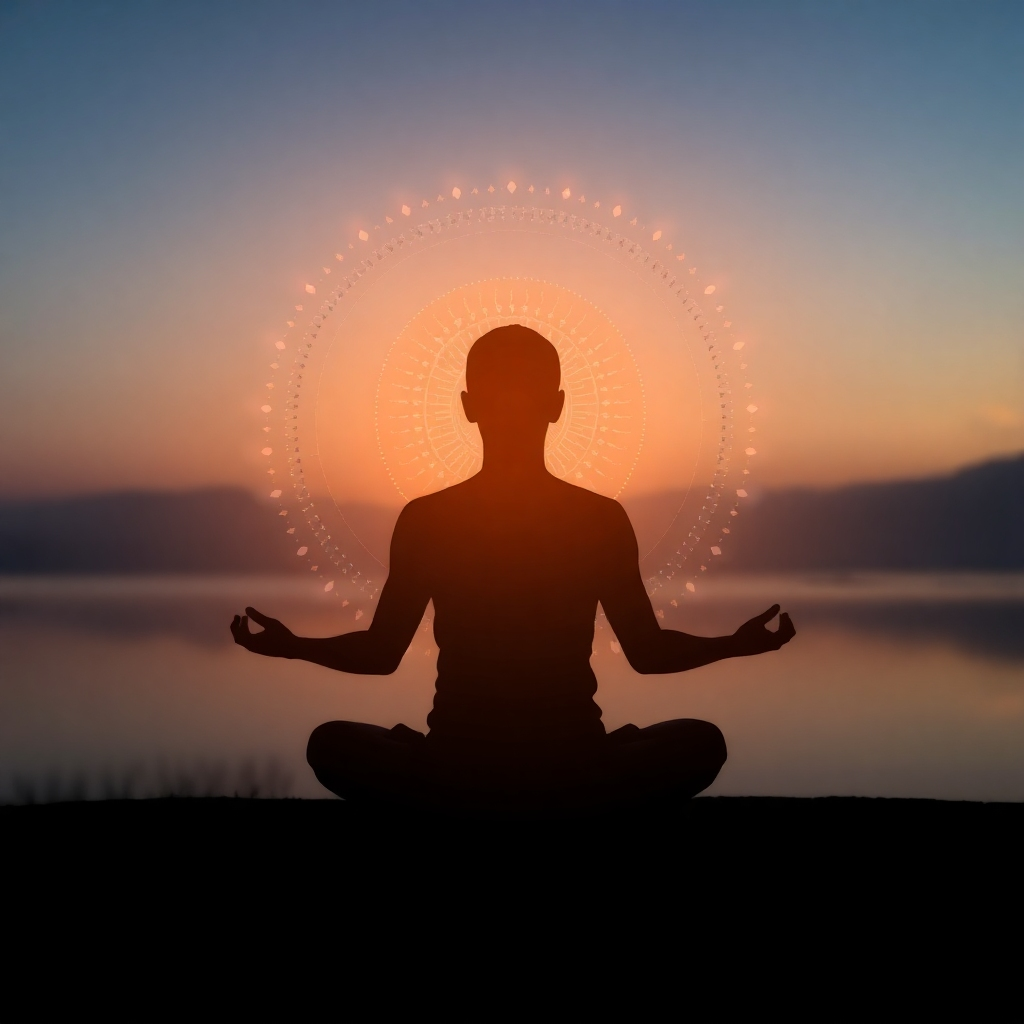 A person meditating in a tranquil setting, with theta waves visualized as subtle, glowing patterns around them. The composition emphasizes the peacefulness and focus of the meditation practice.