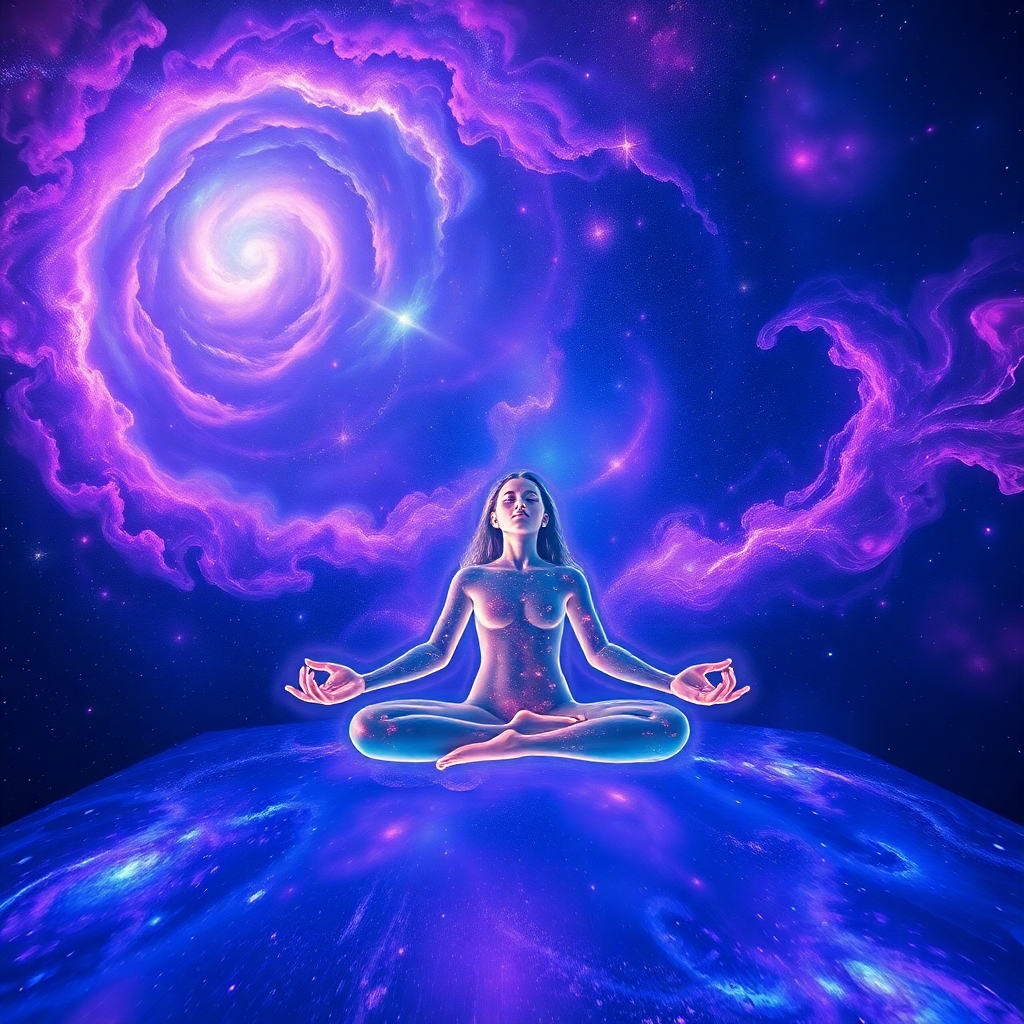 A person meditating in a zero-gravity environment surrounded by swirling nebulas and galaxies. The person's body is translucent, allowing the viewer to see the cosmos within them. The overall scene creates a sense of wonder and awe. Color palette: vibrant purples, blues, and pinks. Camera angle: wide shot, capturing the person and the surrounding cosmos. Style references: cosmic and ethereal. Technical Specs: 4K, dynamic lighting.