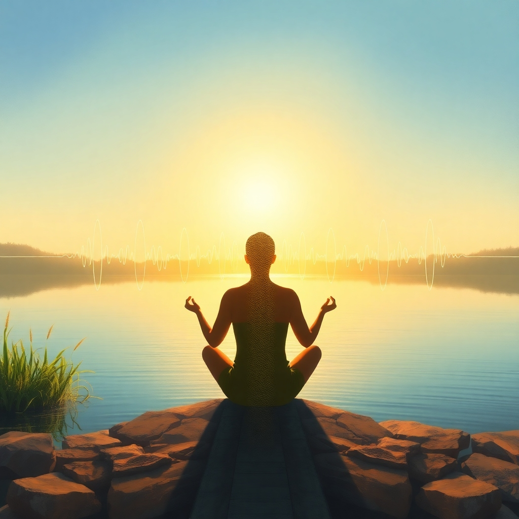 A person meditating peacefully by a tranquil lake, bathed in golden light. Sound waves emanating subtly from their figure, representing the 777Hz frequency. Color palette: calming blues and greens. Style: realistic painting. Technical specs: 4K resolution, soft focus.