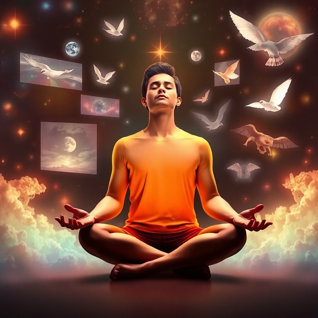 A person meditating, surrounded by images representing their goals and dreams. The images are translucent and ethereal, floating in the air. The person is focused and determined. Color palette: vibrant and inspiring colors. Style: surreal, motivational. Technical specs: 4K, high quality.