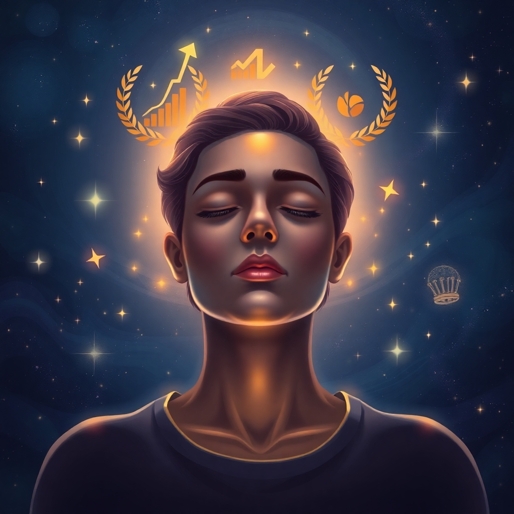 A person meditating with eyes closed, a soft ethereal glow emanating from their forehead. Abstract representations of success symbols (e.g., upward-trending graphs, laurel wreaths) float gently around them. The background is a swirling galaxy of stars. Color palette: deep blues, purples, and golds. Style: Dreamlike and aspirational. Technical specs: High-resolution, digital painting.