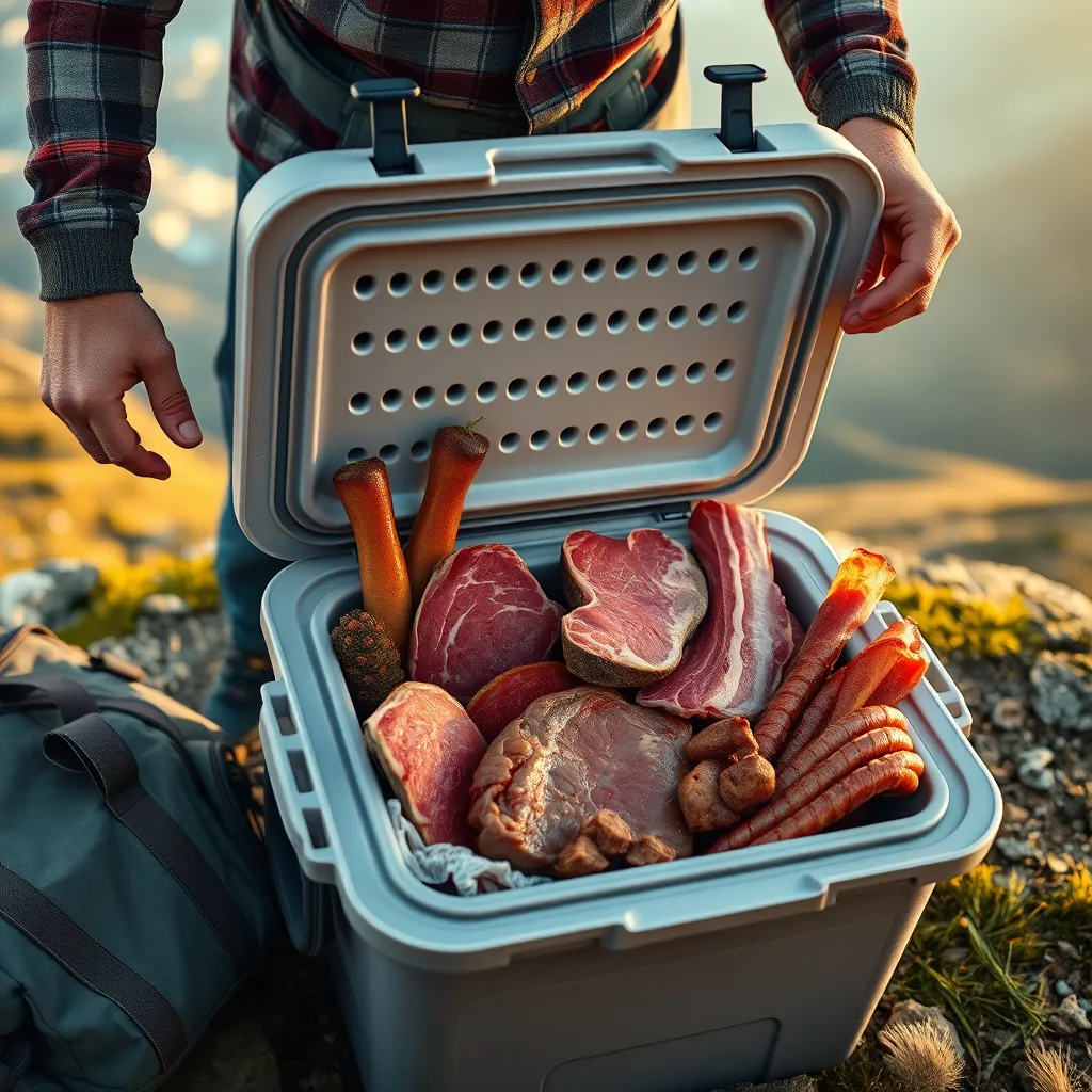 A person opening a cooler filled with various types of pre-cut, fresh meat like steaks, sausages, and bacon, with a travel bag beside it and a scenic mountain backdrop,  emphasizing a sense of freedom and adventure