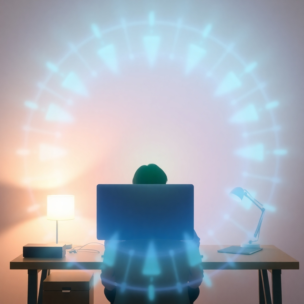 A person peacefully working at their desk, surrounded by a calming aura of blue and green light representing healing frequencies. Style: Serene, peaceful, and relaxing.