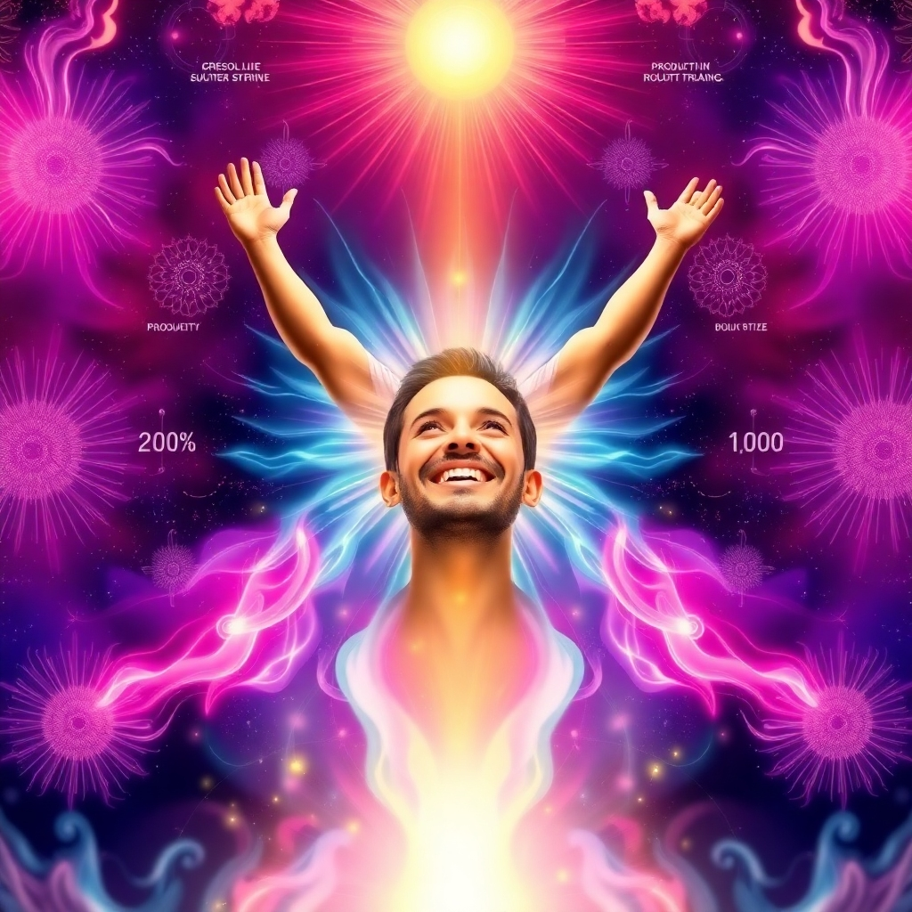 A person radiating confidence and success, surrounded by a vibrant energy field. The background features abstract representations of positive affirmations, healing frequencies, and productivity tools. Style: Empowering, motivational, and uplifting.
