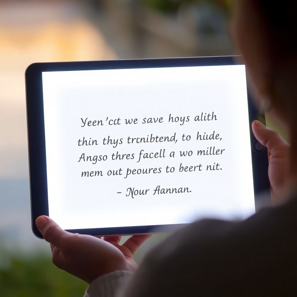 A person receiving a personalized message or affirmation on a glowing tablet. The background is a serene environment symbolizing peace and focus. The lighting is soft and warm to convey a sense of comfort and trust.