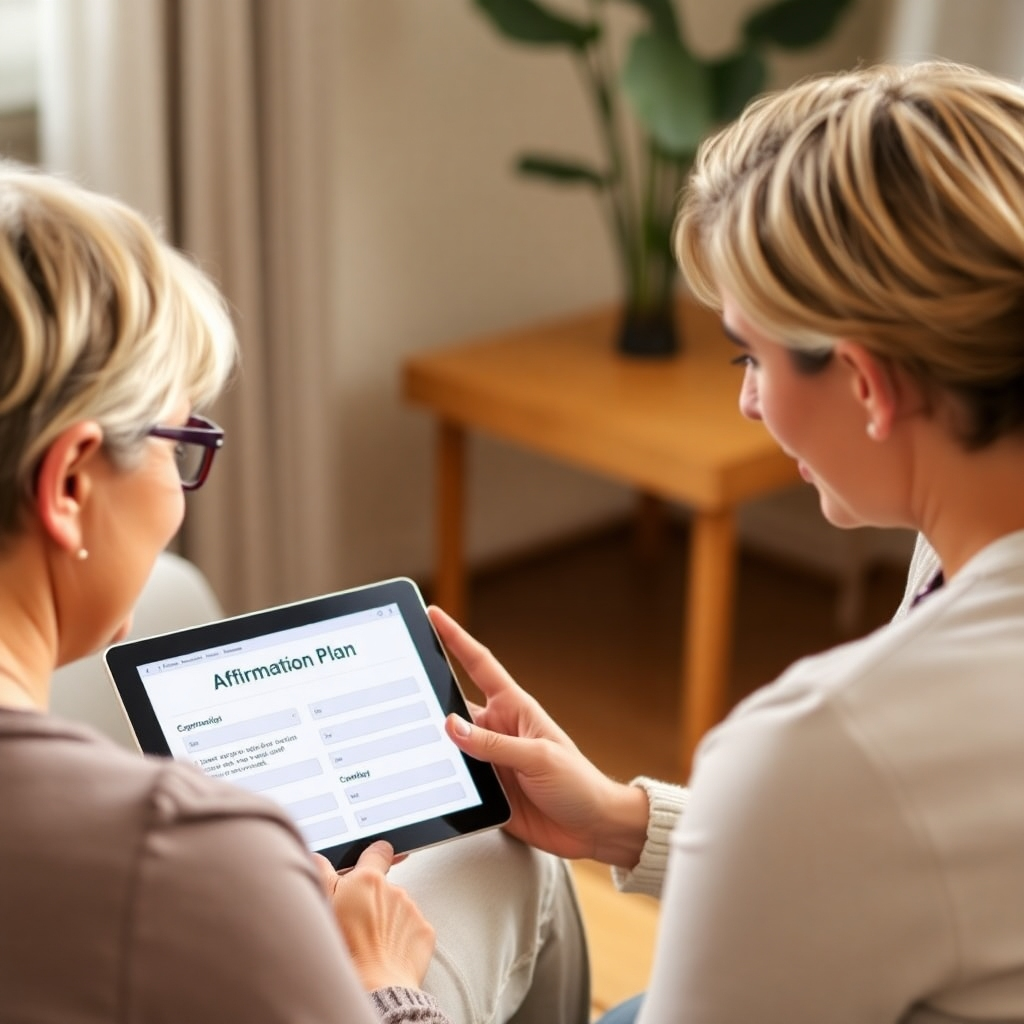 A person receiving a personalized affirmation plan on a tablet, with a caring therapist guiding them. The scene conveys empathy and personalization. Style: Warm and supportive.