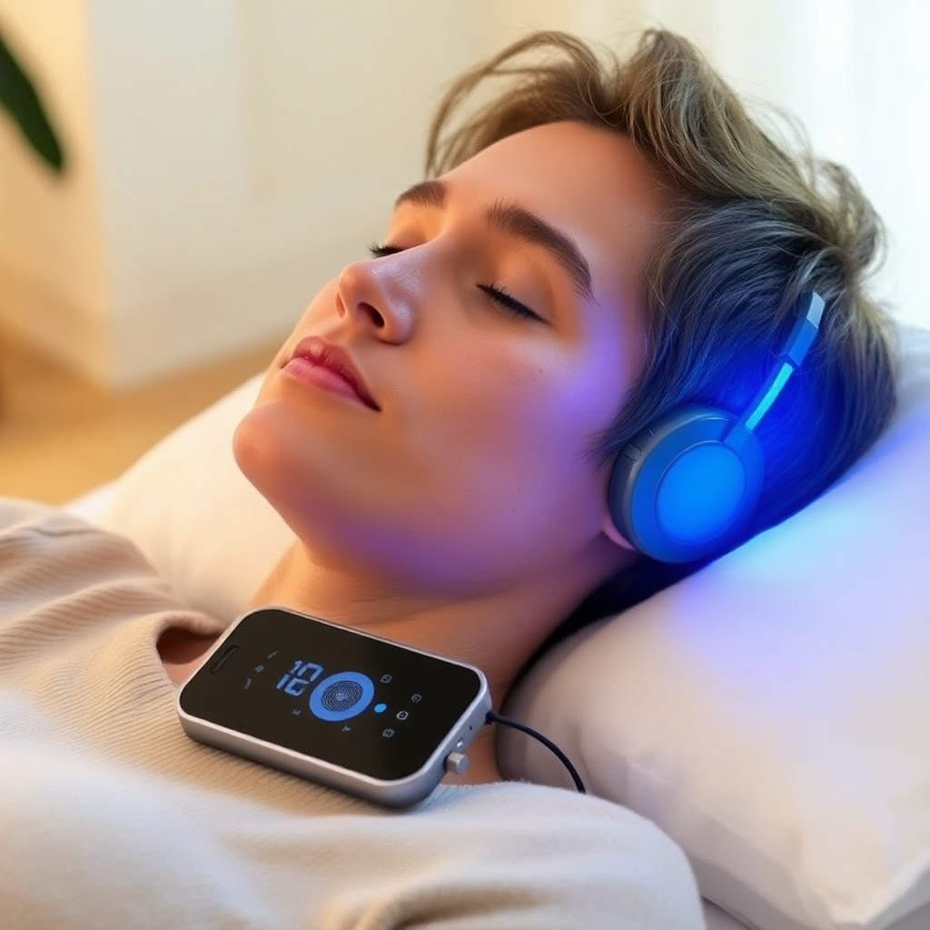 A person relaxing with a device emitting calming sound frequencies. The person is in a comfortable environment, surrounded by soft light. Style: Peaceful and therapeutic.