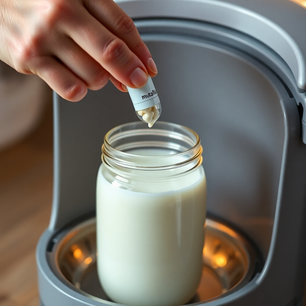 A person's hand carefully pouring the contents of a Mutaflor capsule into a glass jar filled with fresh milk. The jar is placed inside a yogurt maker, with the lid closed. The scene is lit with soft, warm light, emphasizing the process of carefully mixing and incubating the ingredients.