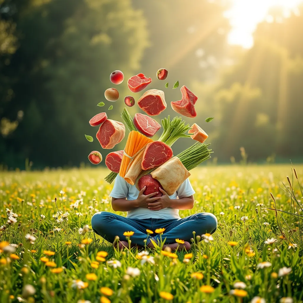A person sits meditatively in a sunlit field, surrounded by wildflowers, their hands resting on their stomach.  Above them, a semi-transparent, flowing stream of various meat cuts and vegetables represents the different dietary options, symbolizing the importance of individual choice and listening to one's inner needs.